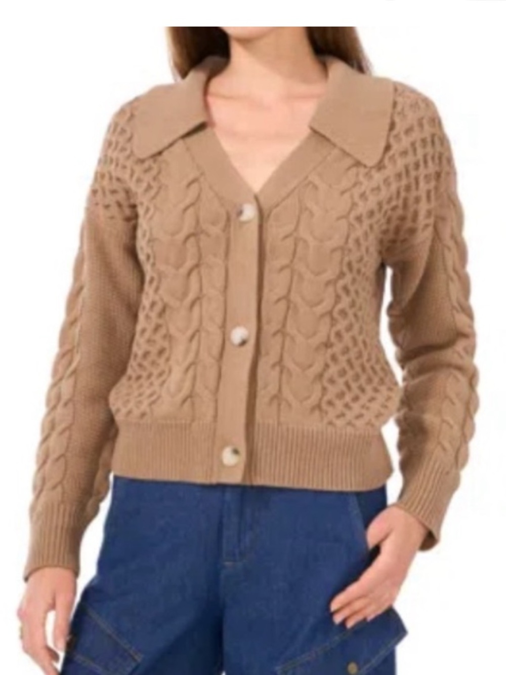 Parker Johnny Beige Cable Knit Collared Cardigan Sweater